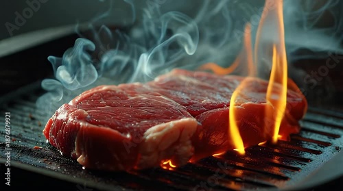 Grilling Beef Steak Meat on Hot Pan with Smoke Video.