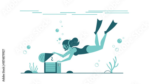 Female Scuba Diver Finding a Lost Treasure Chest Underwater Adventure