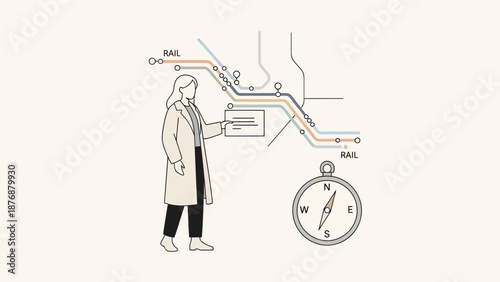 Female Planner Presenting Railway Network Map With Compass For Direction Guidance