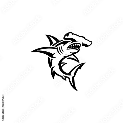 A stylized black hammerhead shark logo with sharp fins, curved body, and fierce teeth is centered on a white background in dynamic tribal tattoo style.