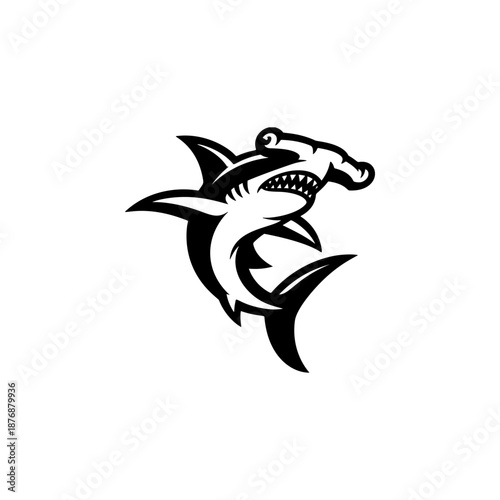 A stylized black hammerhead shark logo with sharp fins, curved body, and fierce teeth is centered on a white background in dynamic tribal tattoo style.