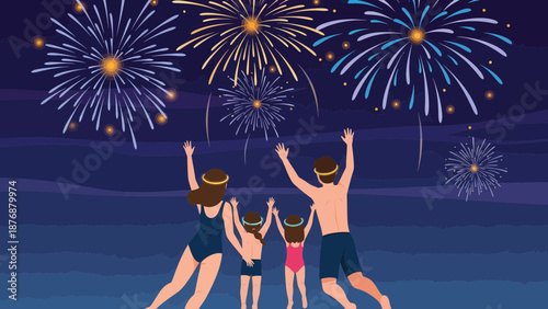 Family Enjoying Fireworks Display Together On Summer Vacation Celebration