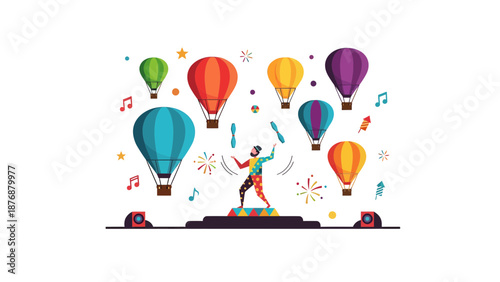 Festive Celebration With Juggler On Stage And Hot Air Balloons Background
