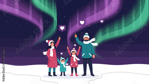 Family Enjoying The Northern Lights Together In A Winter Wonderland Scene