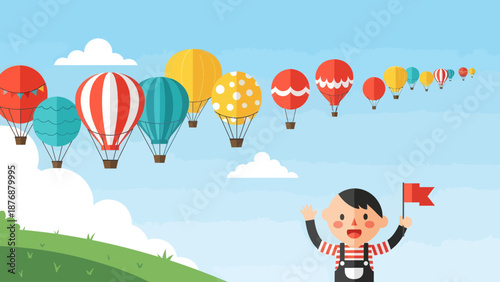 Festive Hot Air Balloons With Cheerful Boy Celebrating Outdoor Adventure