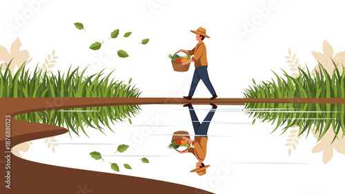 Farmer Crossing The Water With A Basket Full Of Harvested Products