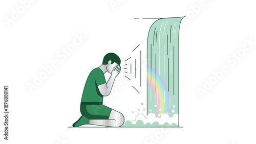 Finding Solace Kneeling At Waterfall With Rainbow Colored Spray Illustration