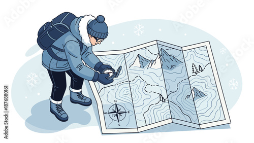 Finding Way Through Mountains On Winter Hiking Using Compass And Map