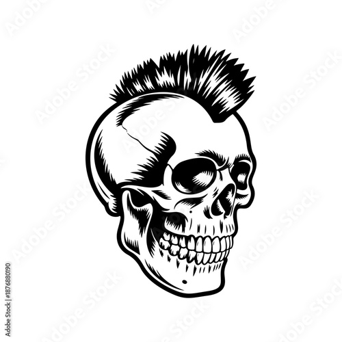A detailed punk skull with spiked mohawk hair, cracked cranium, and clenched teeth is drawn in bold black and white tattoo style on a clean white background.