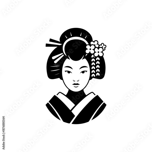 A stylized black geisha icon with elaborate bun hairstyle, floral hair ornaments, and traditional kimono collar is drawn in simple bold shapes on a white background.
