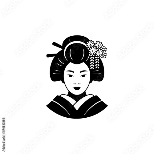A stylized black geisha icon with elaborate bun hairstyle, floral hair ornaments, and traditional kimono collar is drawn in simple bold shapes on a white background.