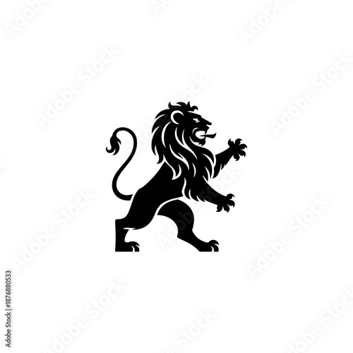 A bold heraldic lion silhouette stands on its hind legs with flowing mane, curved tail, and raised claws, drawn in classic medieval emblem style on a white background.