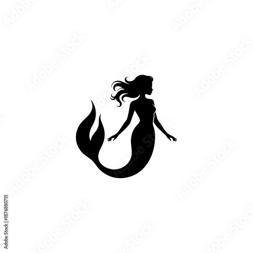 A graceful mermaid silhouette with flowing hair and curved tail swims in profile, drawn in elegant black shapes on a clean white background.