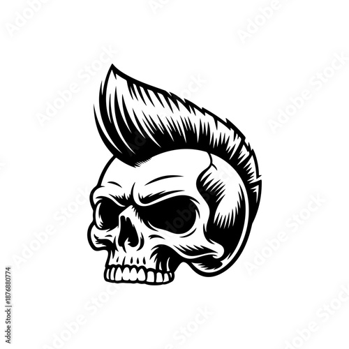 A fierce punk skull with a tall spiky mohawk, deep eye sockets, and gritted teeth is illustrated in bold black and white tattoo style on a clean background.