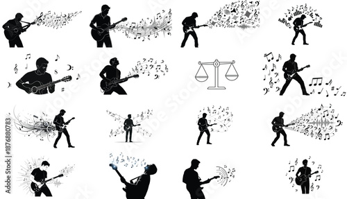 A collection of 12 black silhouettes of a man playing electric guitar in various dynamic poses with abstract backgrounds