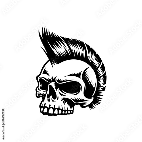 A fierce punk skull with a tall spiky mohawk, deep eye sockets, and gritted teeth is illustrated in bold black and white tattoo style on a clean background.