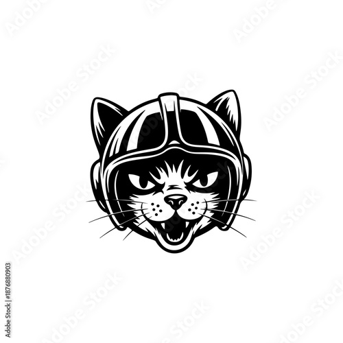 A playful biker cat mascot wearing vintage aviator helmet and goggles, perfect for moto club logos, garage branding, stickers, patches, t‑shirt prints and retro racing posters.