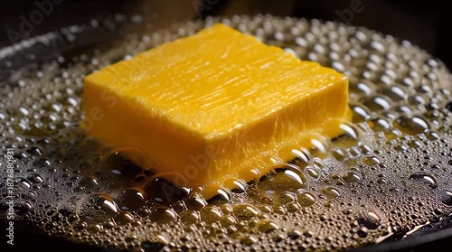 Cube of Butter Melting on Hot Frying Pan Time Lapse Video.