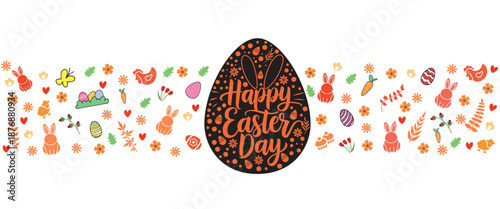Happy Easter Day lettering inside a decorative black egg with bunny ears, surrounded by cheerful spring doodles, rabbits, chicks, flowers, and carrots; vibrant holiday vector design.
