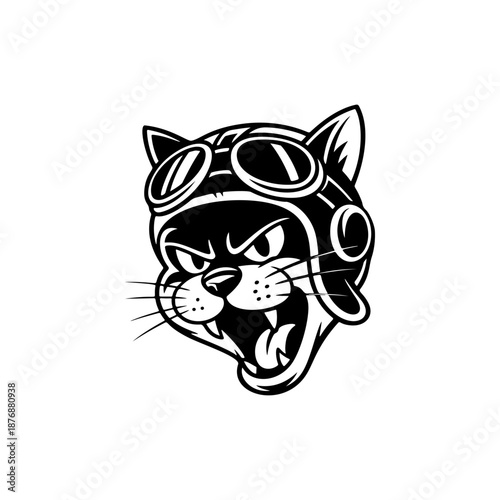 A playful biker cat mascot wearing vintage aviator helmet and goggles, perfect for moto club logos, garage branding, stickers, patches, t‑shirt prints and retro racing posters.