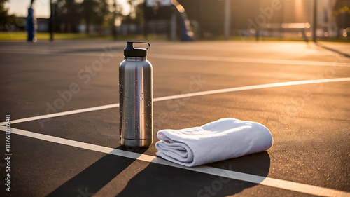 Reusable water bottle and towel placed on outdoor sports court at sunset
