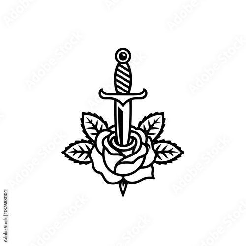 A classic dagger pierced through a blooming rose, perfect for tattoo flash sheets, apparel prints, sticker packs, biker designs, band merch and bold romantic or vintage branding.