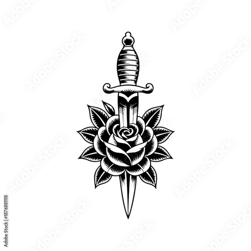A classic dagger pierced through a blooming rose, perfect for tattoo flash sheets, apparel prints, sticker packs, biker designs, band merch and bold romantic or vintage branding.
