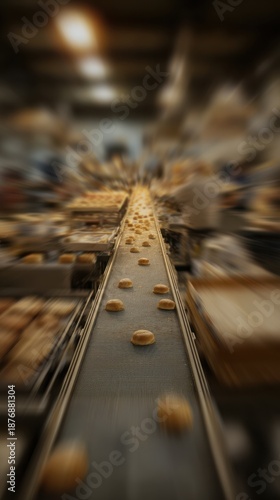 Blurred bakery factory interior with machinery and baking equipment.