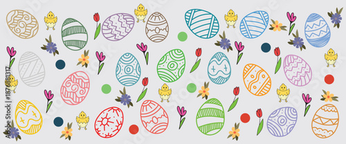 Joyful hand-drawn Easter eggs, cute yellow chicks, and spring tulips seamless pattern background; a vibrant, colorful doodle illustration for festive holiday decoration.