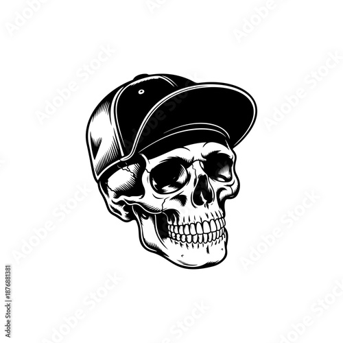 A streetwear skull mascot in a baseball cap, perfect for urban apparel prints, sticker packs, skate and hip hop branding, music merch, logo designs and edgy tattoo inspired artwork.