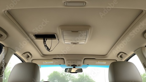 Interior view of beige car ceiling with open overhead console and rearview mirror