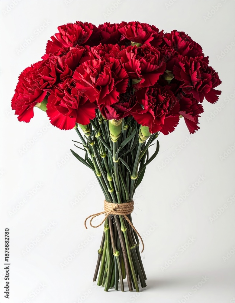 Obraz premium Bunch of Vibrant Dark Red Carnations Wrapped with Jute String on White Background