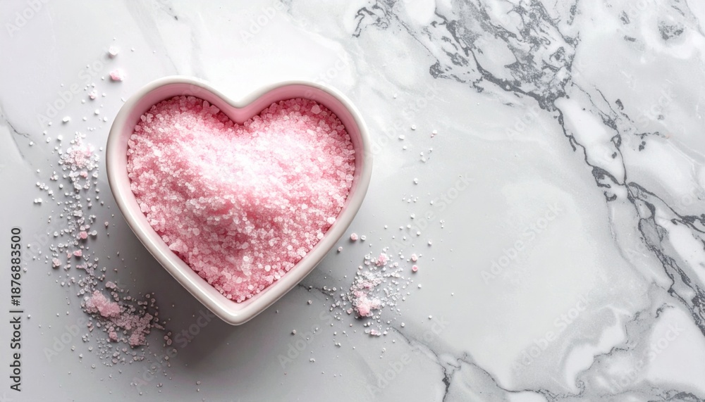 Fototapeta premium Heart Shaped Bowl Filled With Pink Sugar on Marble Background Flat Lay