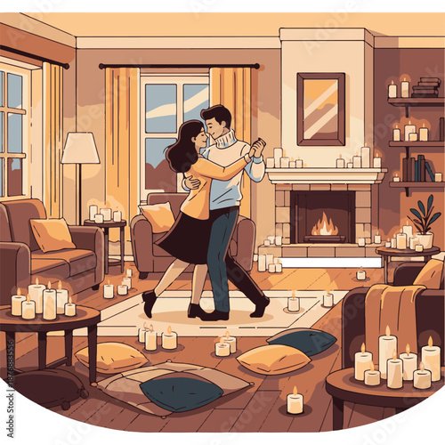 Romantic Couple Dancing in Cozy Candlelit Living Room with Fireplace, Flat Vector Illustration