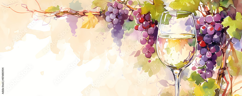 Fototapeta premium Watercolor wine banner with glass of white and red grape. Harvest wine production and tasting. Vine crop for organic viticulture. Banner with copy space