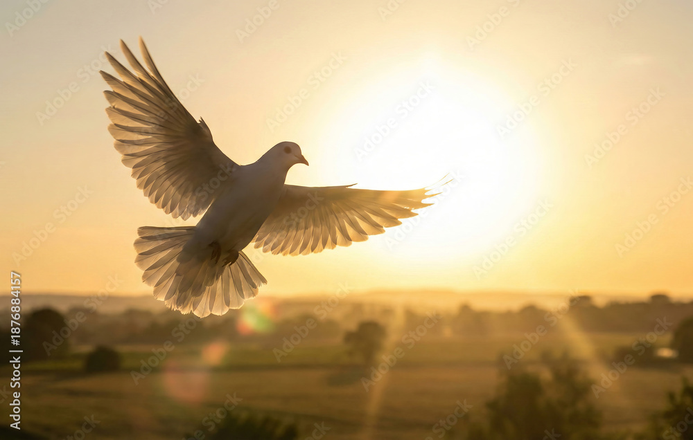 Fototapeta premium White doves in the evening sky symbolize freedom, peace, and spirituality.