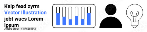 Data bar chart with varying levels, human silhouette, and light bulb for innovation, design thinking, data analysis. Ideal for creativity, teamwork, startup concepts, education entrepreneurship