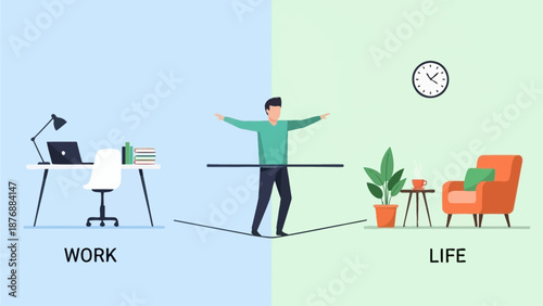 Man balances on tightrope between work and life environments with office and living spaces