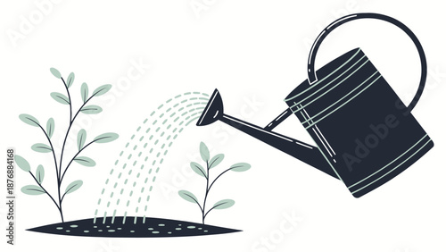 Stylized Vector Illustration of a Black Watering Can Nurturing Small Sprouts in the Soil, Sustainable Gardening and Cultivation Concept, Minimalist Design