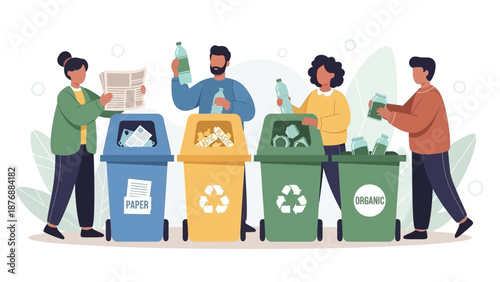 People sorting recyclables into colored bins for waste management