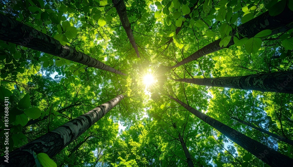 Obraz premium Sunlight Through Tall Trees with Green Leaves in Forest Canopy