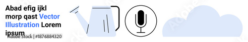 Gardening tools, podcasting, communication, meteorology, weather forecasting, modern tech applications. A watering can, microphone icon and cloud silhouette. Gardening and podcasting concept