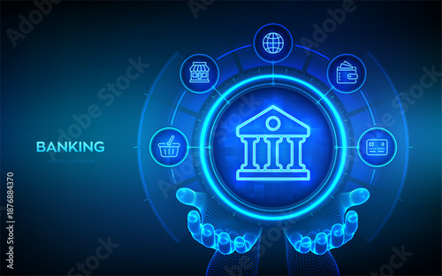 Bank icon in wireframe hands. Online banking service application. Money transaction, e-commerce. Finance and banking global internet connection. Financial transaction. API Fintech. Vector illustration