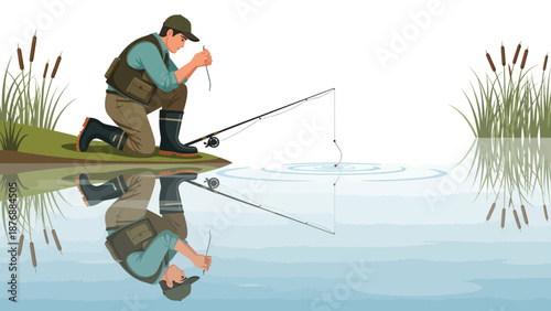 Fisherman Preparing His Tackle Next To A Lake For Leisure Activity In Nature