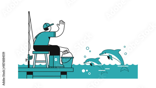 Fisherman Saluting Friendly Dolphins Enjoying Nature On Calm Sea Waters