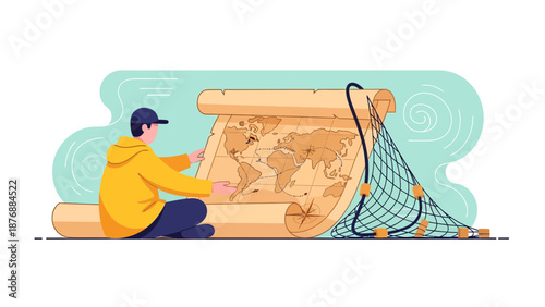 Fisherman Planning A Sea Route By Examining Ancient World Map Illustration