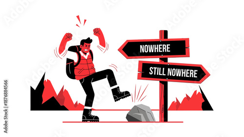 Frustrated Hiker With Confusing Signpost Experiencing Directional Dilemma And Travel Mishap