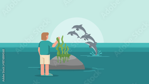 Flat Illustration Of A Man Feeding Dolphins With Seaweed In Ocean At Sunset