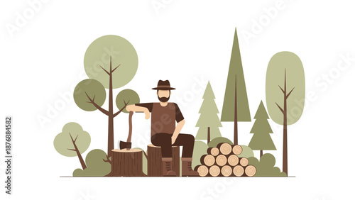 Flat Vector Illustration Of A Lumberjack Resting In A Forest Scene With Freshly Cut Wood