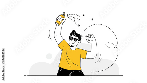 Frustrated Man Sprays Insecticide Against Flying Insects In Cartoon Style Illustration